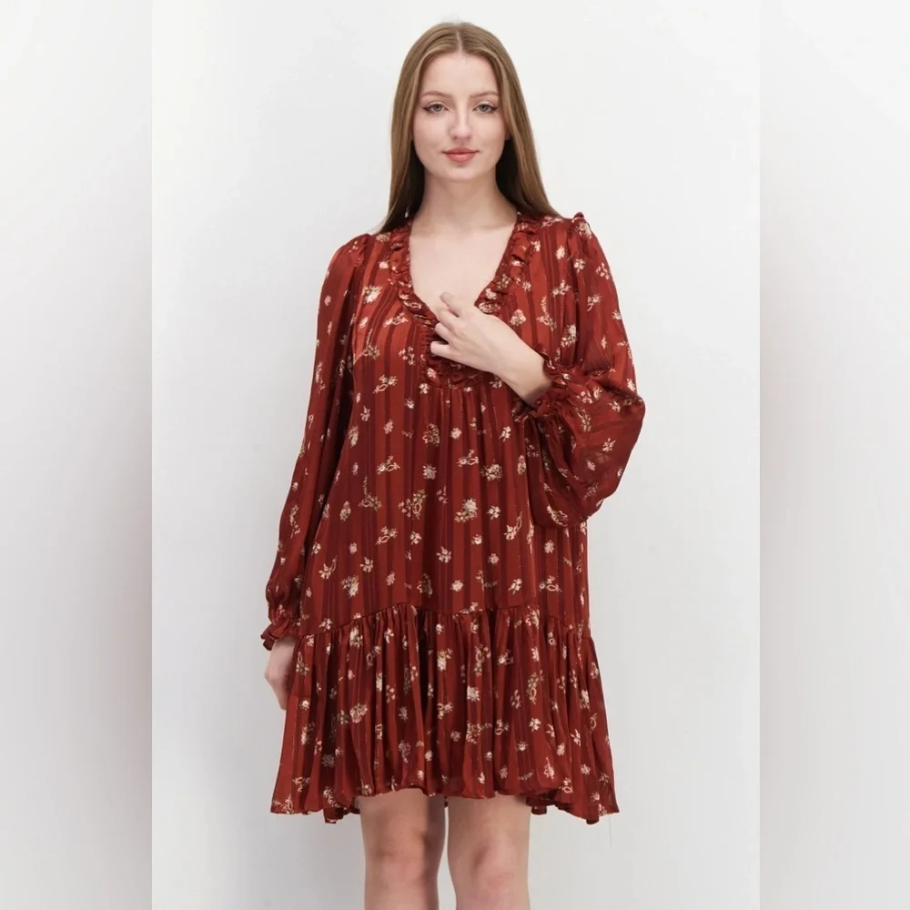 En Saison Floral Printed Drop Waist Mini Dress in Rust - Bump Friendly